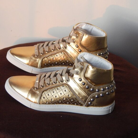 Alessandro Dell’ Acqua Studded High-Top Leather Sneaker Shoe Gold NIB Various Sz - Picture 1 of 15